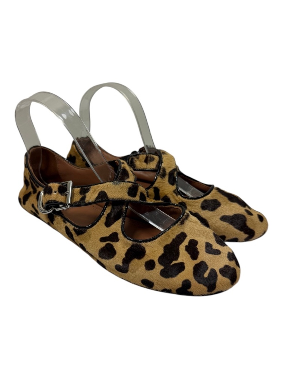 ALAÏA Paris Leopard Print Calf Hair Buckle Mary Jane Flats EU 39 US 9 Ital
